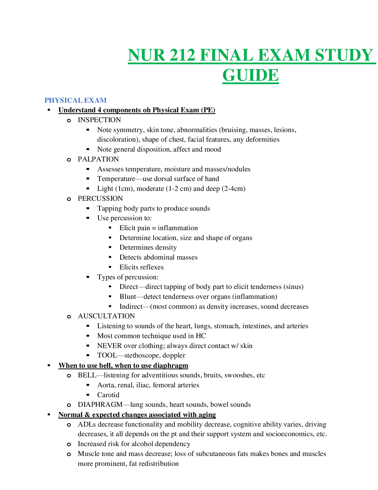 NUR 212 FINAL STUDY GUIDE PYHSICAL EXAM (20222023) SERIES WITH 100